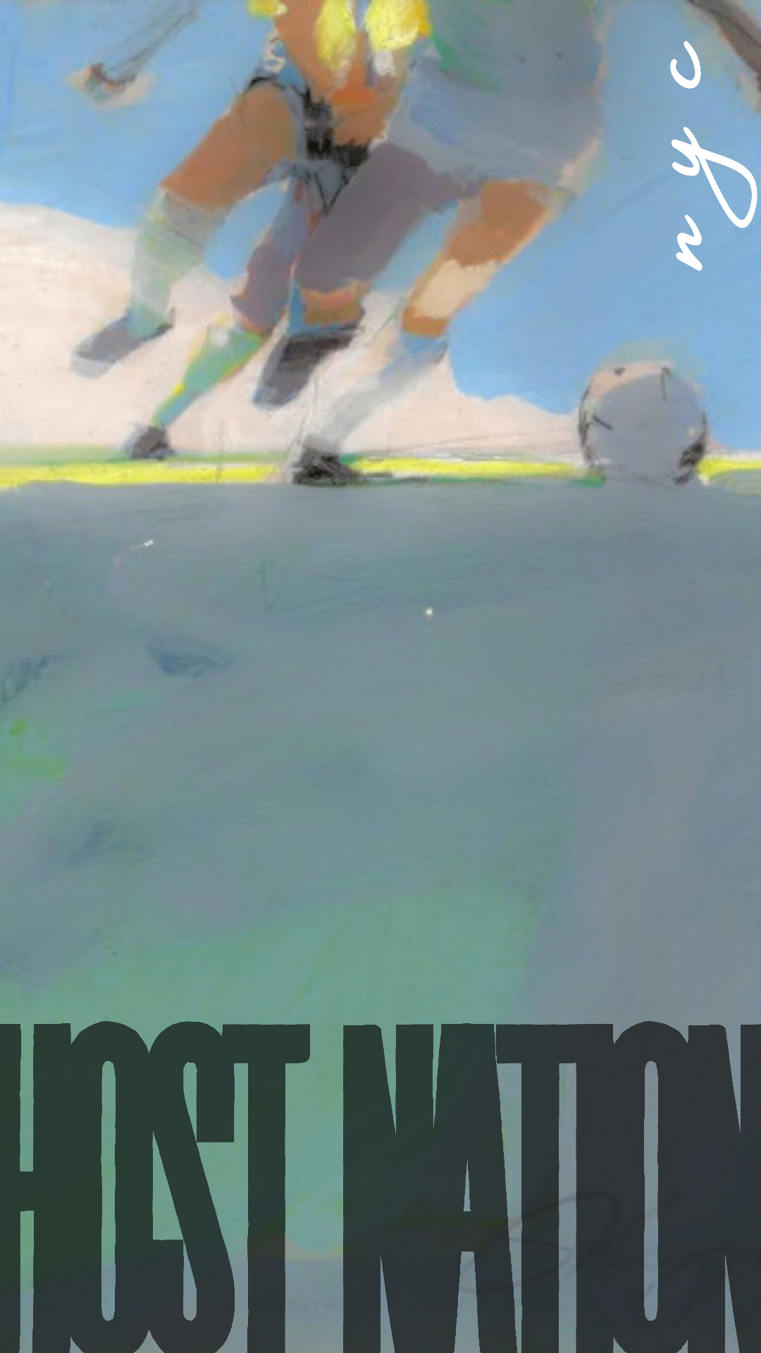 Soft abstract soccer action artwork with Host Nation text.
