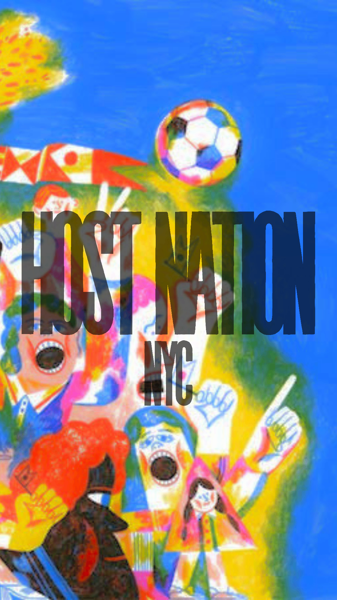 Bright fan painting with a soccer ball and cheering figures for Host Nation NYC.