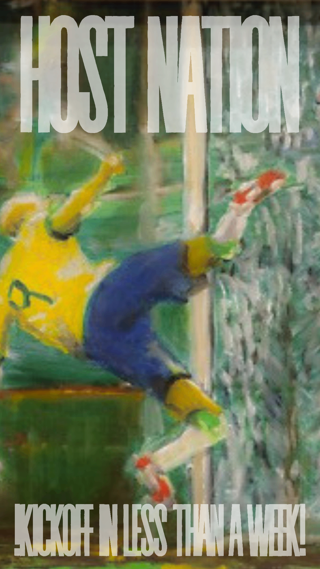 Painterly sports artwork with Host Nation text and a kicking figure.