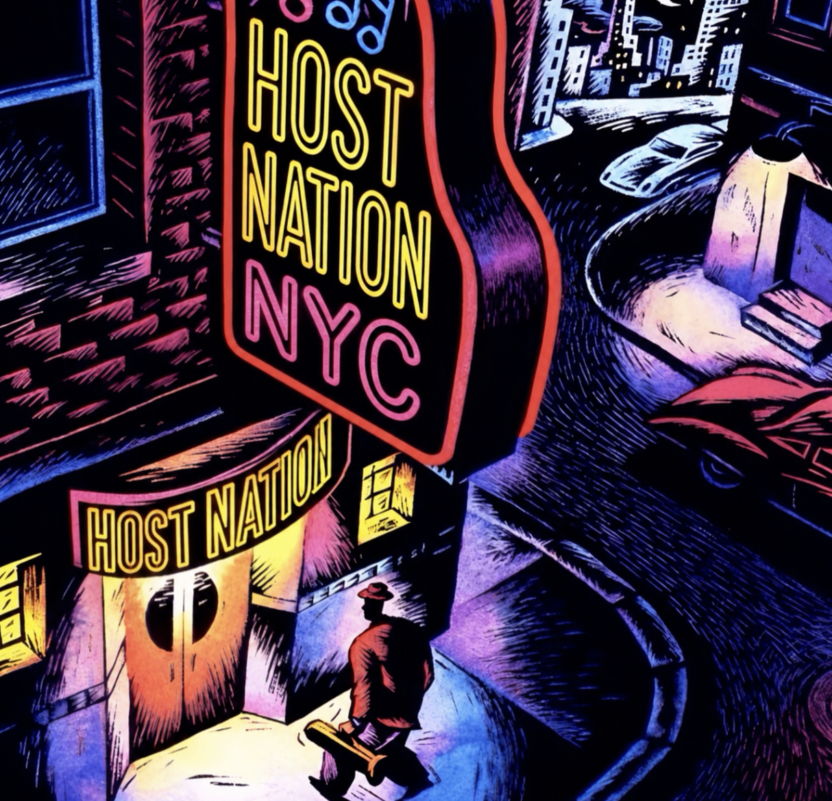 Neon-style illustration of a Host Nation NYC sign glowing over a city corner.