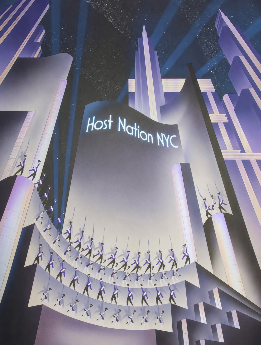 Art deco night scene with Host Nation NYC signage and performers.