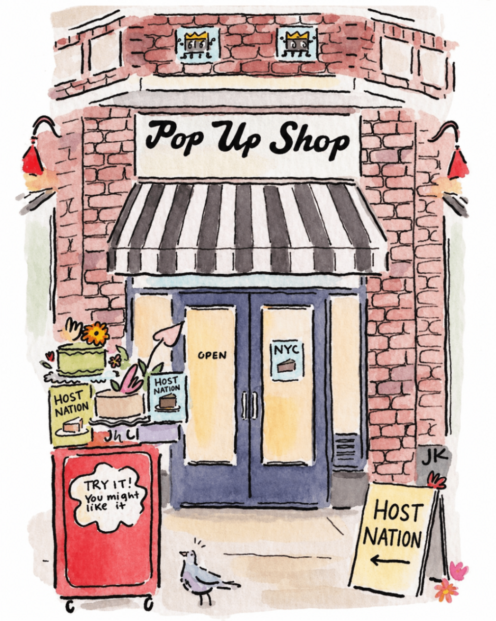 Watercolor illustration of the Host Nation NYC pop-up shop storefront.